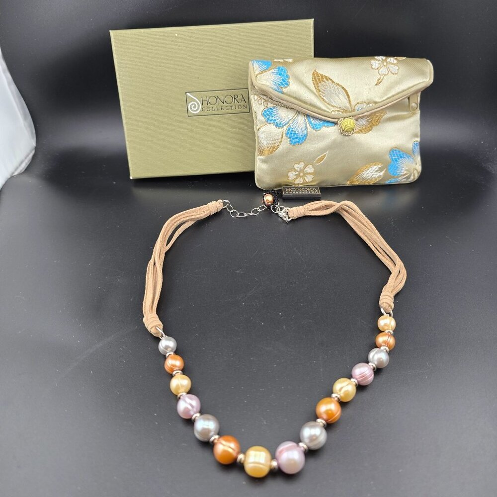 NWT Honora Multi-Color Cultured Pearl Necklace Tan Cord Adjustable Box & Bag - Picture 7 of 10